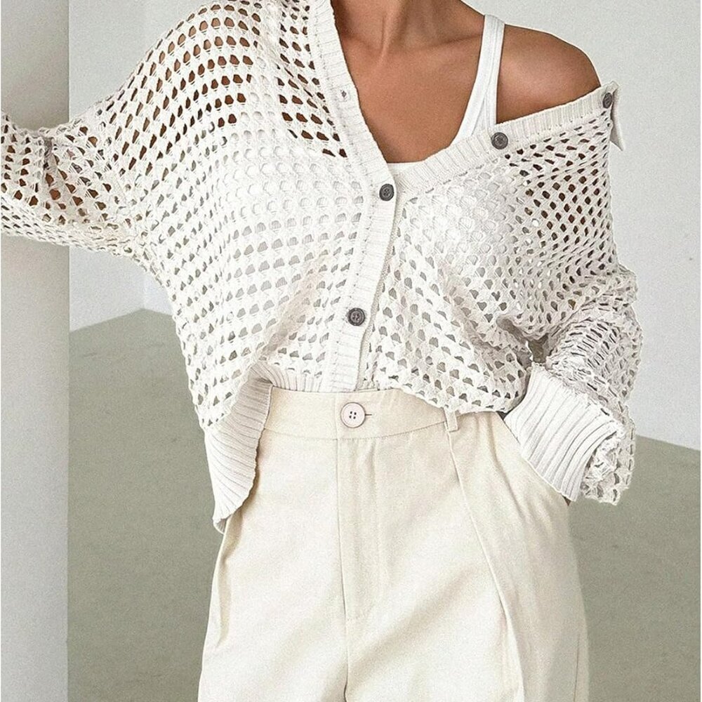 Women's Crochet Cardigan Sweater Lightweight Cardigan Hollow Out Sweater Long Sl - Picture 5 of 5